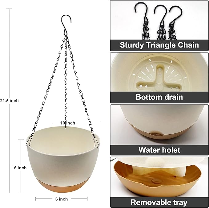 2 Pack Hanging Planters for Outdoor Indoor Plants, 10 Inch Plastic Outdoor Hanging Planter, Hanging Flower Pots for Outside with Drainage Holes & Removable Saucer for Garden Home