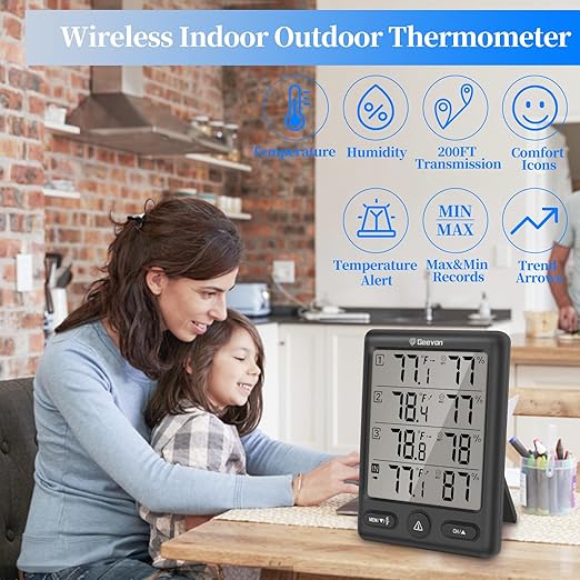 Geevon Indoor Outdoor Thermometer Wireless with 3 Remote Sensors, Digital Hygrometer Thermometer, Wireless Temperature Humidity Monitor Gauge with 200FT/60M Range (Black)