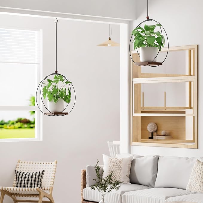 Hanging Planters for Indoor Plants: Macrame Plant Hanger with Sturdy Wood Base, Wall Ceiling Window Decor for Home Garden Patio Office, Housewarming Gift (Pot/Plant Not Included)