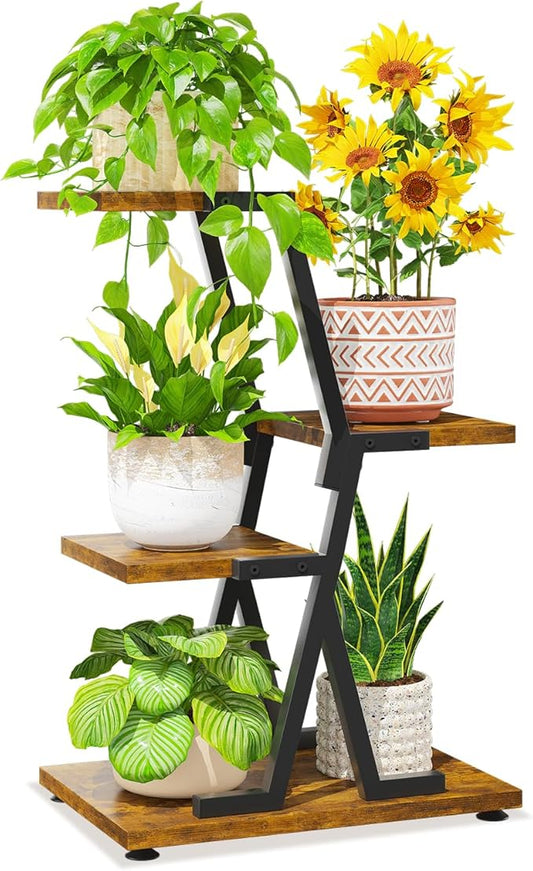 LASZOLA 3 Tier Tall Wood and Metal Plant Stand Indoor for Heavy Duty Planter, Large Multi Level Vertical Flower Shelf for Narrow Corner, Sturdy Rustic Rack Holder for House Patio, Space Saving, Black