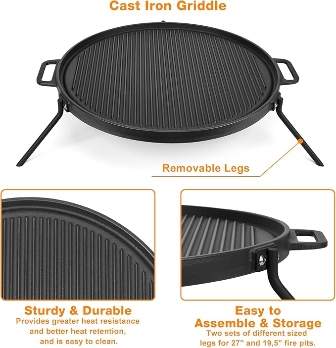 Onlyfire Cast Iron Griddle, Grill Cookware for Solo Stove Bonfire 19.5" Fire Pit and Yukon fire Pit, Portable Round Iron Pan with 3 Removable Legs for Outdoor BBQ Cooking & Camping