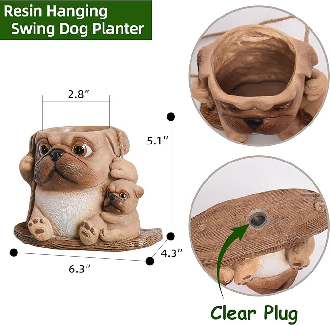 Swing Dog Hanging Planters for Indoor Plants, 6.3 Inch Hanging Baskets for Plants Outdoor, Small Succulent Pots with Drainage Hole, Resin Plant Hangers Outdoor for String Of Pearls, Gift for Mom