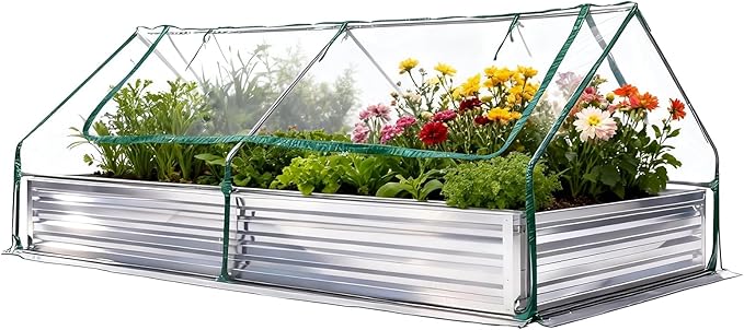 Smug Outdoor Raised Garden Bed with Transparent Waterproof Cover for Growing Vegetables, Cold-Resistant Planter Box Kit with Large Screen Windows for Herbs & Flowers, 8x4x1ft