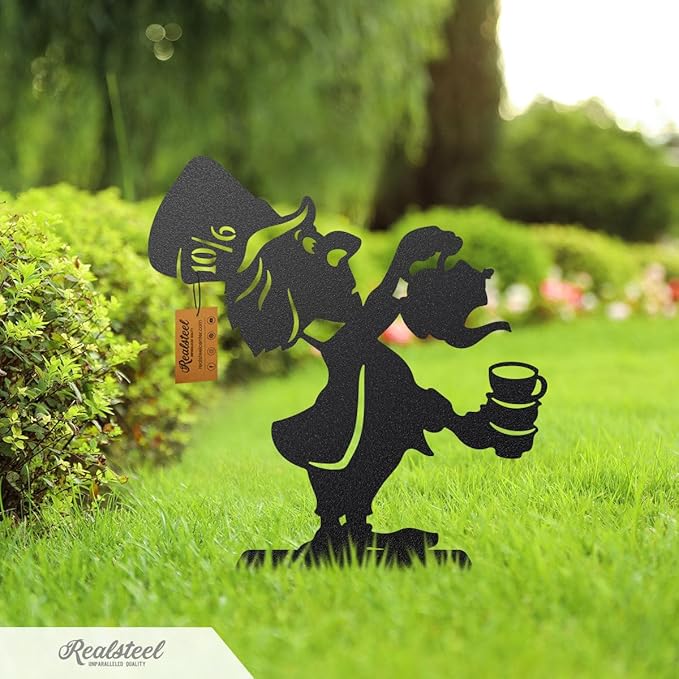 Alice in Wonderland Garden Stakes – Set of 3 | RealSteel Original Outdoor Yard Art Featuring Alice, White Rabbit & Mad Hatter | Rust-Resistant, American-Made Metal Décor | Rust Finish