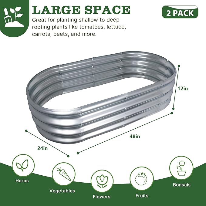 2-Pack 4x2x1FT Galvanized Raised Garden Bed Kit Oval Metal Ground Planter Box Outdoor Bottomless Planter Raised Beds for Vegetables Flowers Herbs Fruits, Silver