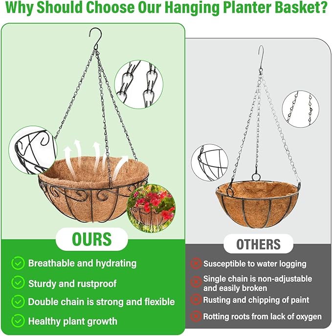 Legigo 2 Pack 12 Inch Metal Hanging Baskets for Plants Outdoor- Round Wire Hanging Planters Basket with Coconut Coir Liner, Hanging Flower Pot for Outdoor Plants Flowers Garden Decorations