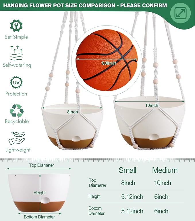 montresor Set of 2-8 Inch Hanging Planters for Indoor Plants with Self-Watering Includes Hanging Pots for Plants, Outdoor Plant Pot with Drainage, and 2 Types of Hanging Baskets Hangers (White)