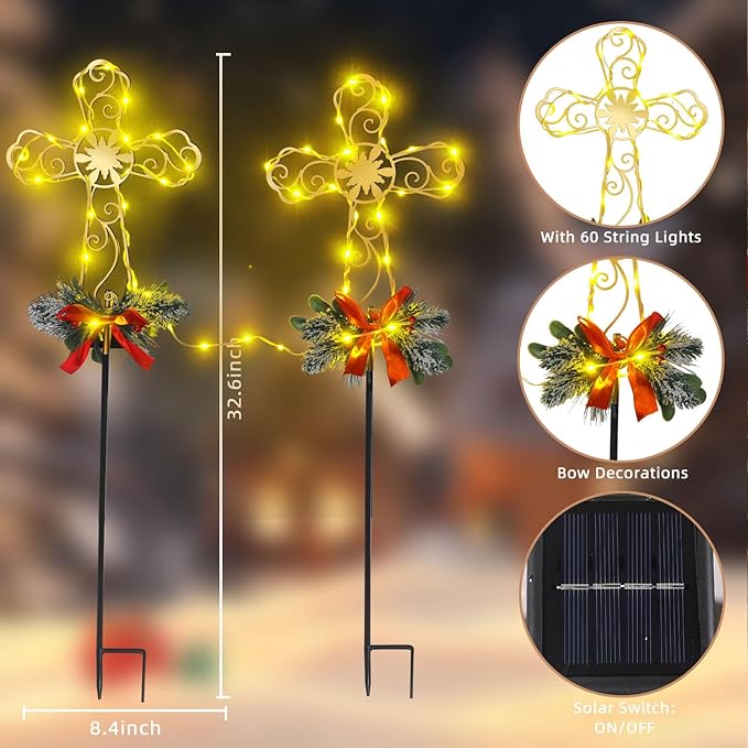 Cemetery Christmas Decorations Cross with 60 String Lights, Christmas Metal Yard Stakes for Gravesite Religious Outdoor Decorations 2 Pack