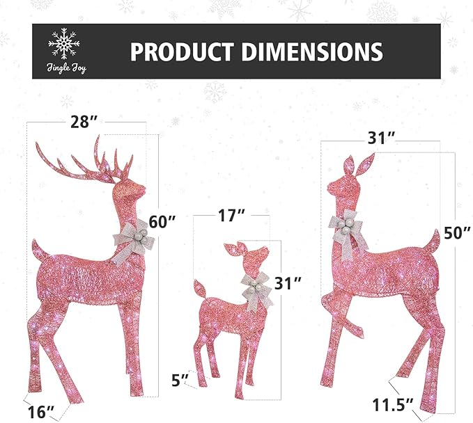 Jingle Joy 5ft Twinkle Lighted Outdoor Deer Set with LED Lights – 3-Piece Reindeer Family Decor for Yard Display – Weather-Resistant Holiday & Valentine's Day Decoration (Pink)