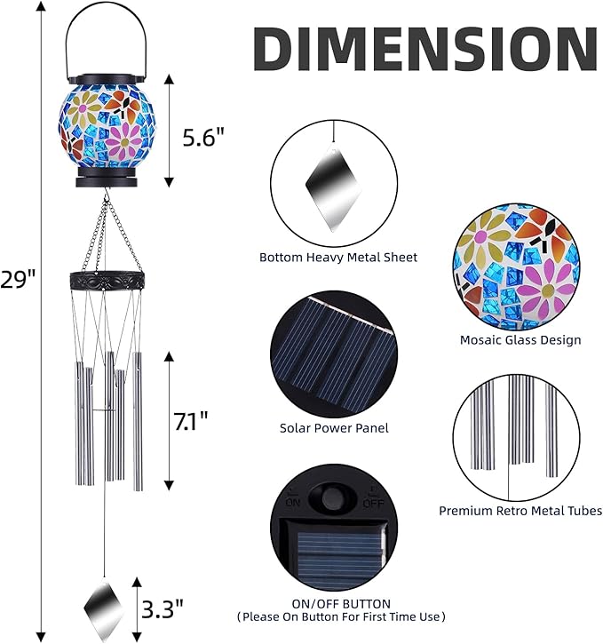 VOREEN Solar Wind Chimes with Gentle Chime Sound, Blue Mosaic Glass Lantern for Outdoor, Calming Night Glow & Relaxing Breeze Melody, Waterproof Porch Yard Garden Decor, Memorial & Sympathy Gift