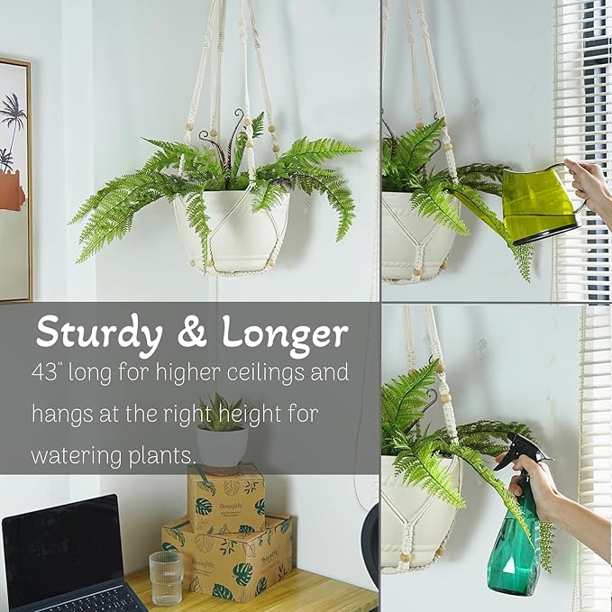 43 Inches Macrame Plant Hangers Large for up to 12 inch Pot Extra Long with Heavy Duty Swag Hooks No Tassel Cotton Rope Hanging Plant Holders (Beige, 2 Pack)