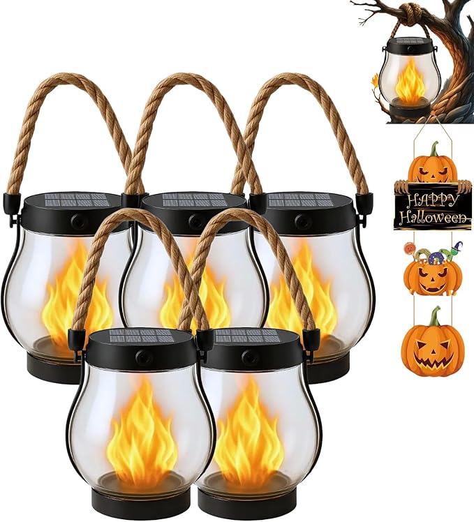 Solar Lantern Outdoor Lights, Flickering LED with Hemp Rope Handle, Dual Charging (Solar & USB), Water-Resistant Hanging Decor for Garden, Yard, Patio, Porch, Pathway, Camping (5)