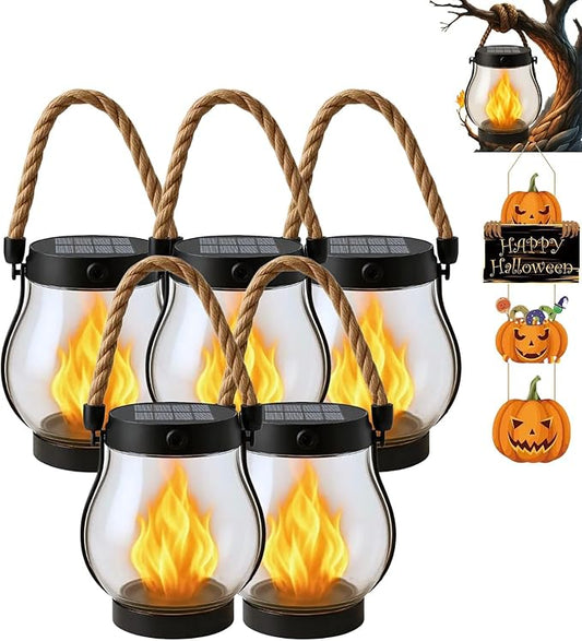 Solar Lantern Outdoor Lights, Flickering LED with Hemp Rope Handle, Dual Charging (Solar & USB), Water-Resistant Hanging Decor for Garden, Yard, Patio, Porch, Pathway, Camping (5)