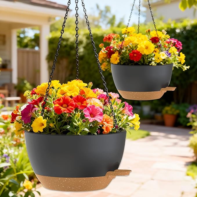12 Inch Hanging Baskets 2 PC with Chains, Self-Watering Hanging Planters for Indoor Outdoor Plants, Plastic Hanging Flower Pots,Black Brown