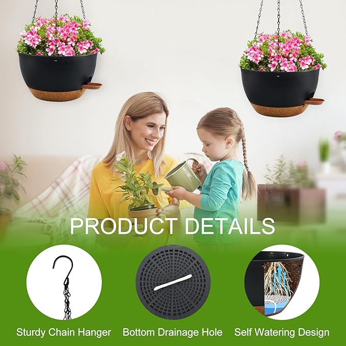 10 inch Hanging Planters for Indoor Plants, 3 Pack Self-Watering Hanging Planter Pots with Chain and Drainage Holes, Outdoor Hanging Baskets for Garden Home Decor (Black With Brown, 3pcs/10inch)