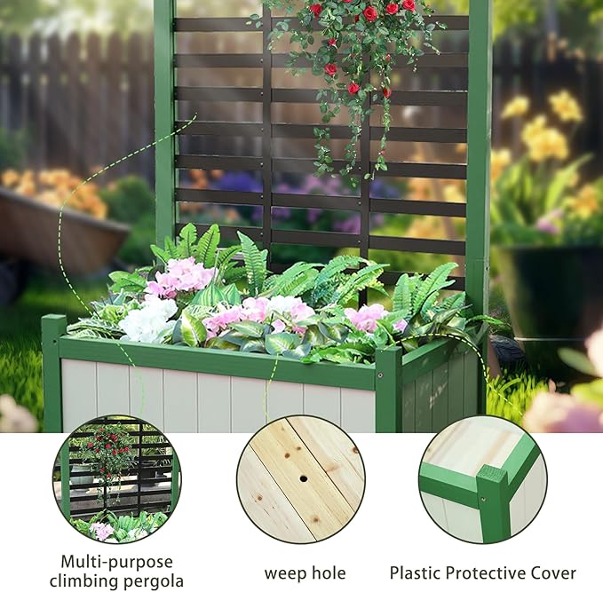 Raised Garden Bed Outdoor, Cedar Wooden Planter Boxes with Trellis, 17.7”L x 16.1”W x 27.6”H Raised Planter Box with Legs for Backyard, Patio, Balcony with Bed Liner (Green)