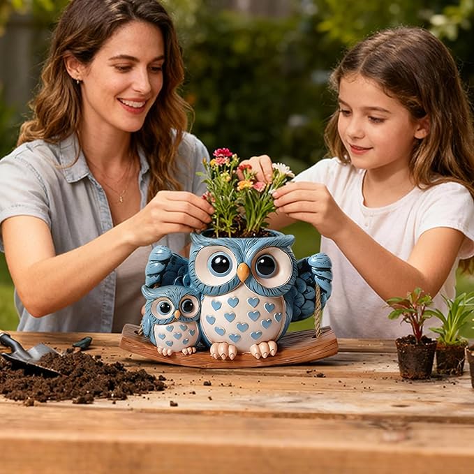 Swing Owl Hanging Planter for Indoor Plants, Cute Small Succulent Pot with Drainage Hole, Unique Resin Hanging Plant Hangers for Outdoor Decor, Plant Holder for String of Pearls, Gift Ideas for Mom