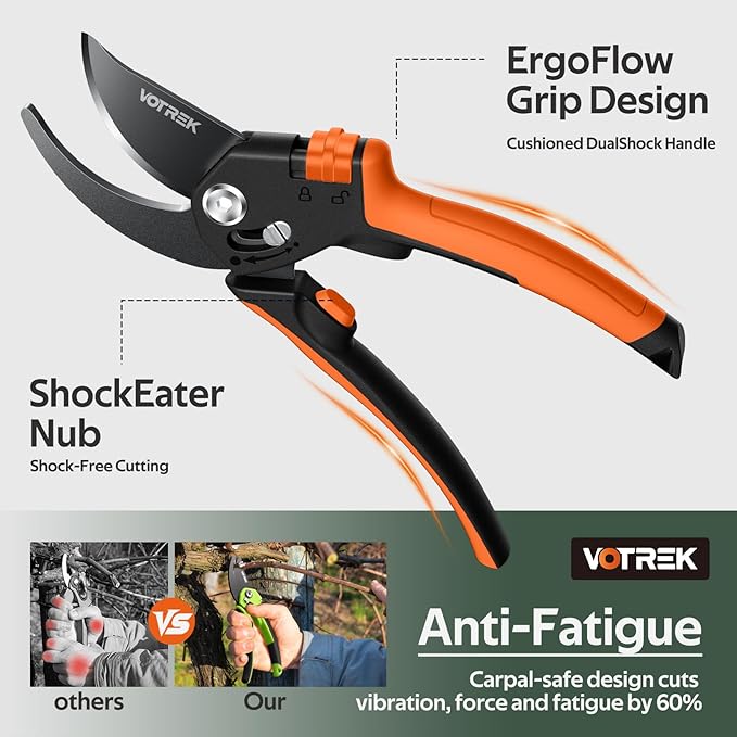 VOTREK Pruning Shears, [Patented Stepless Handle Opening] - Garden Clippers with Ultra-Sharp SK5 Steel for Weak Hand, Pruners Universal Fit for All Hand Sizes, Effortlessly Cuts 1-Inch Branches