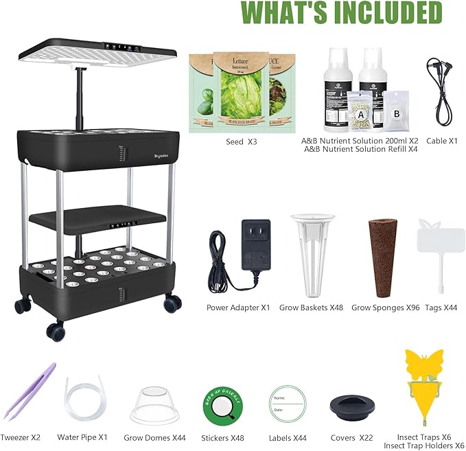 44-Pod Indoor Hydroponic Growing System + 3 Free Seeds Starter Kit (Lettuce, Salad Mixed, Basil Seeds) – Dual 53W Full-Spectrum LED, 10-L Water Tank, 2-Tier Grow Pods (44 Pods)