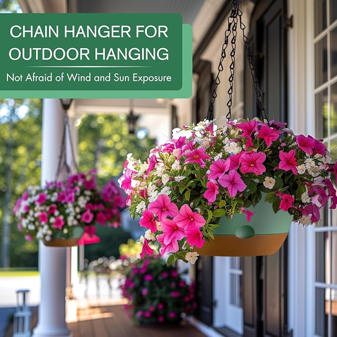 3 Pack 8/10/12 Inch Hanging Planters for Indoor Plants with Self-Watering Includes Hanging Pots for Plants, Outdoor Hanging Flower Pots with Drainage, and 2 Types of Hanging Baskets Hangers (Green)