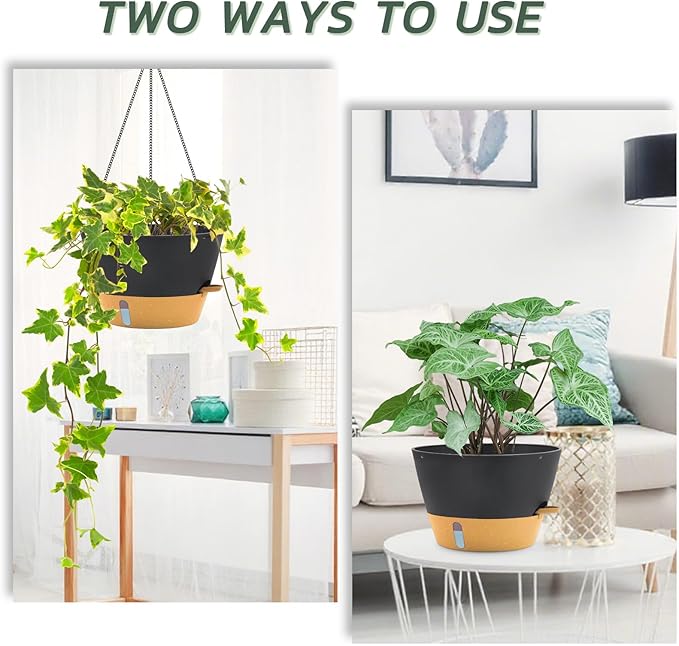 ZMTECH 12 Inch Hanging Planters for Indoor, 3 Pack Large Hanging Plant Pot with Visible Water Level and Chain, Self Watering Hanging Flower Pot for Outdoor Garden Porch(Dark Gray)