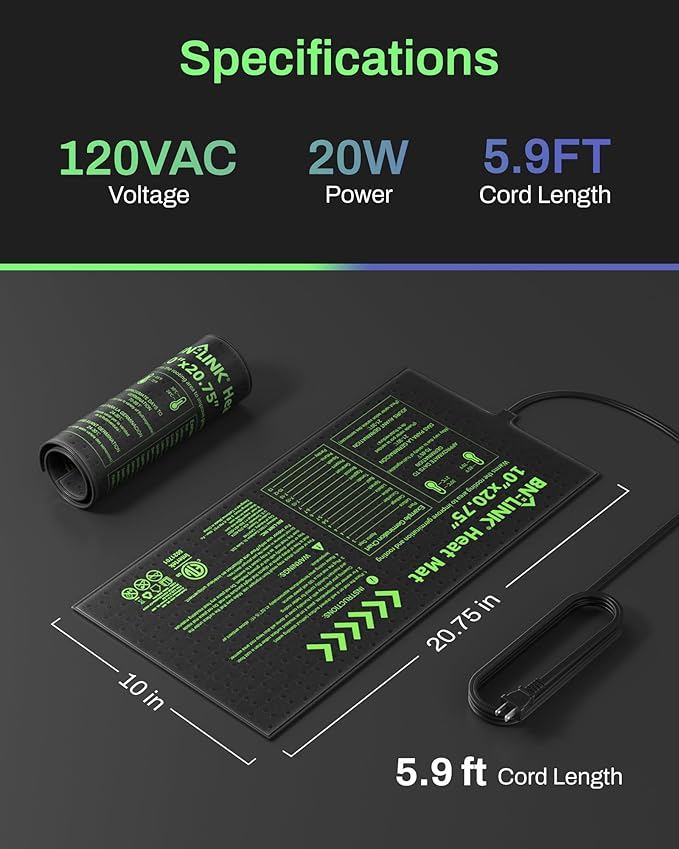 BN-LINK Durable Seedling Heat Mats for Seed Starting 10" x 20.75", 6 Pack Waterproof Warming Mat Plant Heating Pad for Seed Germination, Indoor Growing, Hydroponic, Greenhouse, ETL Listed