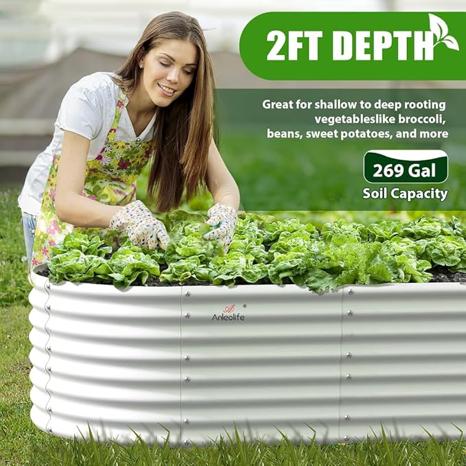 A ANLEOLIFE 6X3X2 ft Galvanized Raised Garden Beds Outdoor-2 Pack, Oval Large Metal Deep Root Planter Box for Planting Vegetables Flowers Herb, Anti-Rust & Easy-Setup, Antique White