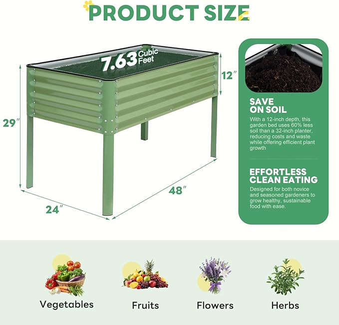 STBoo Elevated Raised Garden Bed with Legs and Wheels- 48''x24''x32'' Galvanized Metal Standing Planter Boxes Outdoor with Bottom Storage Shelf for Backyard, Patio, Balcony, Vegetables, Green