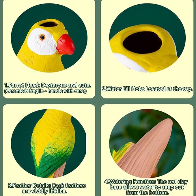 Premium Art 4 Pack Vibrant Parrot Terracotta Plant Watering Spikes, 150ml self Watering Terracotta Spikes Keeps Plants Hydrated 5-7 Days | Tropical Vacation Helper, Gift for Plant Lovers