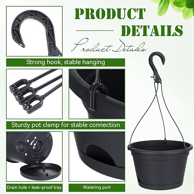 Roshtia 20 Pcs 10 Inch Hanging Baskets for Plants Large Plastic Hanging Basket Pots with Drainage Trays Self Watering Planter Pots for Outdoor Indoor Plants Flowers Garden Balcony (Black)