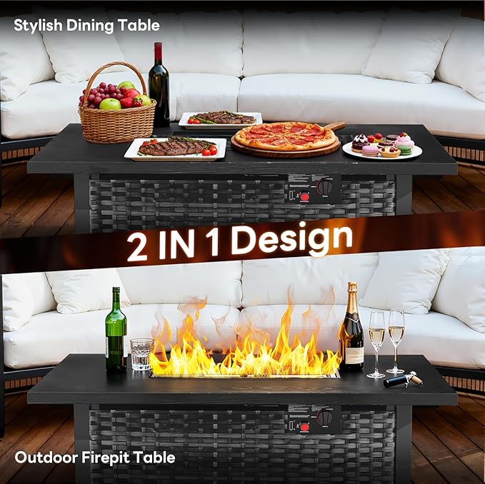 ZAFRO 42.91 Inch Outdoor Fire Pit Table 50,000 BTU, Rectangular Firepit Table with Glass Stones & Lid, 2 in 1 Fire Table for Patio, Backyard, Deck, or Garden, Black