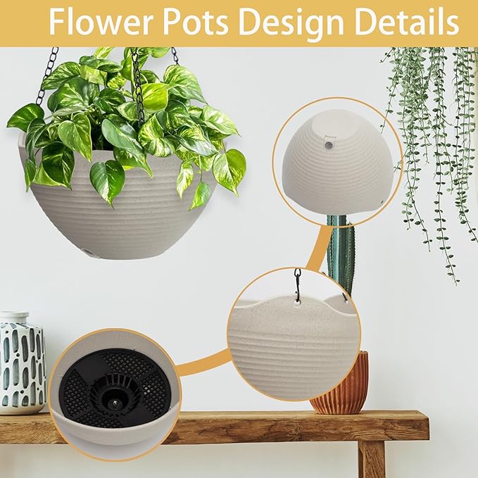 Hanging Planters for Indoor Plants 3 Pack - 7/8/10 Inch Plastic Hanging Pots with Water Sieve Mesh, Small Hanging Pots for Home Garden, Porch, Balcony & Patio Decor, Grey White