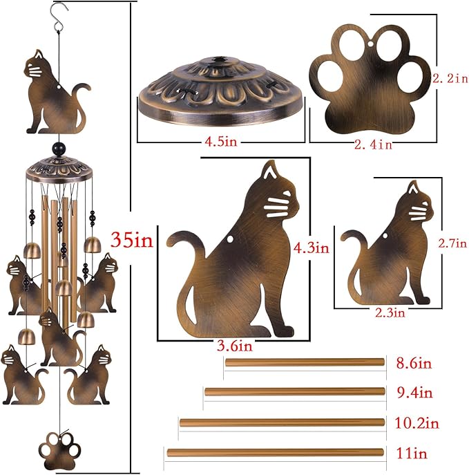 Bronze Cats Wind Chimes for Garden/Home/Balcony/Lawn/Tree/Yard/Indoor/Outside Decoration, Retro Wind Catcher, Cat Decor, Blessing Wind Bells, Memorial WindChimes Gifts for Mom, Grandma, Woman, Friend