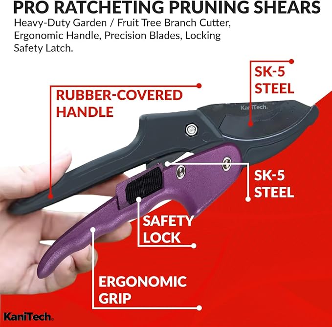 KaniTech Pruning Shears for Gardening with Gloves - Heavy Duty Garden Shears, Aluminum Hand Pruners with TPR Grip Handle, 8 inch 3.55mm Thick Blade - for Branches, Flowers & Plants (Purple)