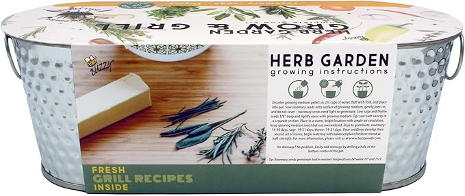 BUZZY Organic Herb Seeds Grow and Grill Kit – Organic Rosemary, Sage & Thyme – Indoor Starter Set with Hammered Metal Planter, Soil & Instructions – Perfect Kitchen Garden Gift