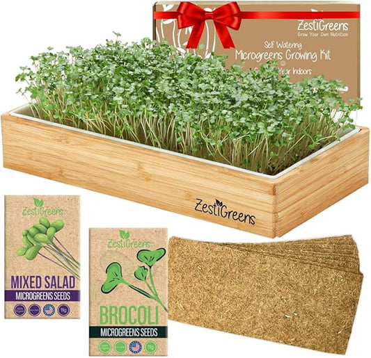 Self-Watering Microgreens Growing Kit – Easiest Way to Grow Fresh Microgreens at Home. Includes Reusable Tray, Organic Seeds, Grow Mats & Stylish Bamboo Frame – No Soil, No Mess (Salad & Broccoli)