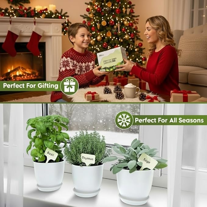 Indoor Garden Kit - Plant Pots with Drainage, Watering Can & Tools - Ideal Windowsill Planter Set - Modern Home & Kitchen Decor Gift - White