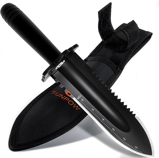 SUNPOW Metal Detector Shovel Digging Tools - Heavy Duty Double Serrated Edge Digger Shovel Knife - Garden Digging Tools with Carrying Sheath - Metal Detector Accessories