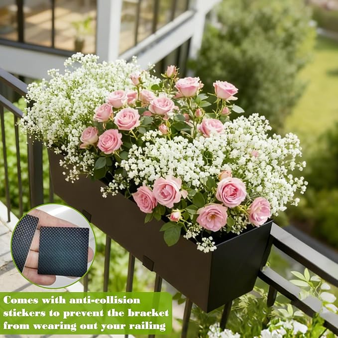 Railing Planter Box Metal Hanging Planter for Outdoor Balcony Heavy-Duty Window Planter Box with Adjustable Brackets 2PCS