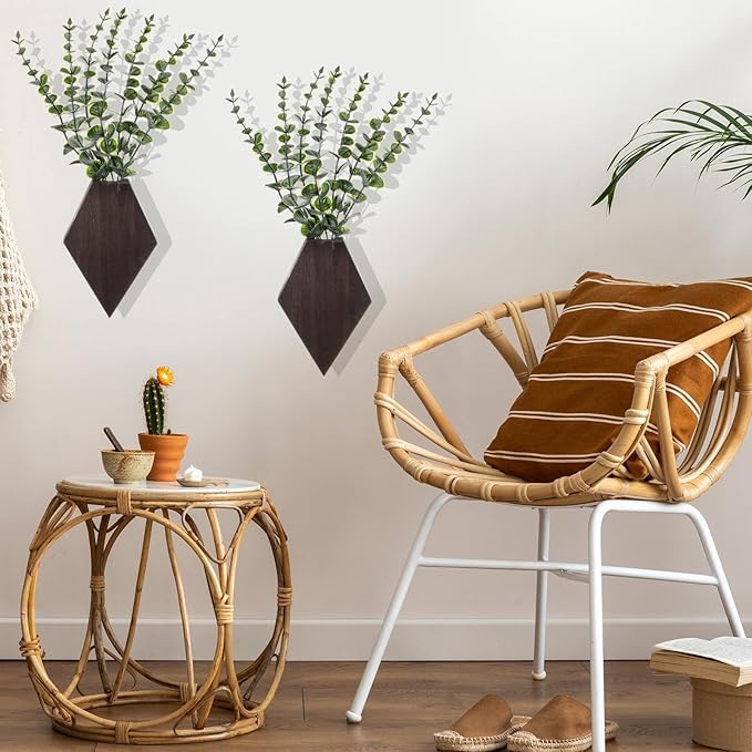 Chunful 2 Pcs Wooden Wall Planter Decor Hanging Fake Plants Greenery Flowers Holder Vase Boxes for Wall Bohemian Farmhouse Room Kitchen Office Indoor Decoration(Brown,7.1 x 4.7 x 1.2 Inches)