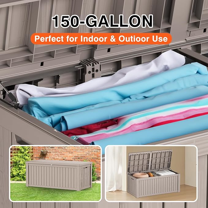 Mersco 150 Gallon Double-Wall Resin Deck Box - Lockable Waterproof Outdoor Storage Box, 1000lbs Capacity & Doubles as Seating for Patio Furniture - Garden Tools, Pool Accessories (Grey)