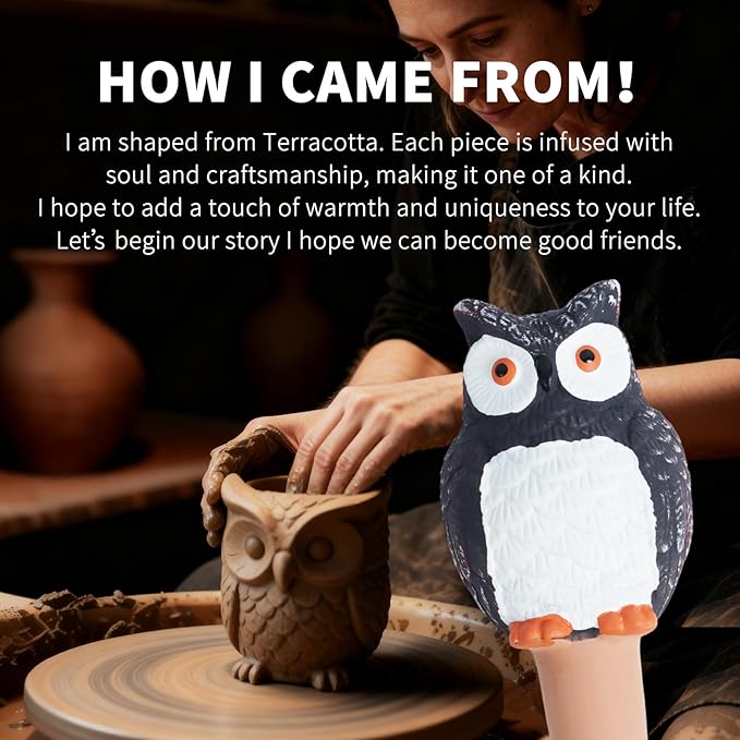 4 Pack Plant Watering Devices, Owl Shape Terracotta Watering Stakes, Vacation Self Watering Planter Insert, Large Self Watering Globes for Indoor Outdoor Plants