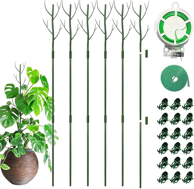 GardenPal 43.3" 6 Pack Detachable Twig Plant Support Stakes, Branch Sticks with Orchid Clips and Twist Ties, Blends with Plants - Ideal Plant Stakes for Indoor/Outdoor Use