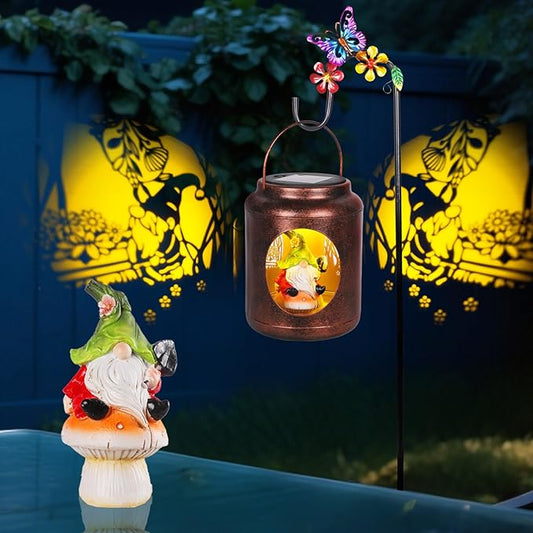 Solar Lanterns Outdoor Waterproof Metal Gnome Patterns with Resin Gnome Inside Garden Decor Gifts for Women Mom Grandma Hanging Solar Lights Decoration Outside for Yard, Patio, Backyard, Porch