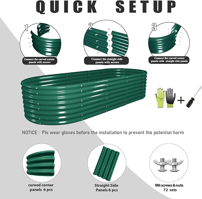 8 Pack 8x3x2FT Galvanized Raised Garden Bed Kit Oval Metal Ground Planter Box Outdoor Bottomless Planter Raised Beds for Vegetables Flowers Herbs Fruits, Green