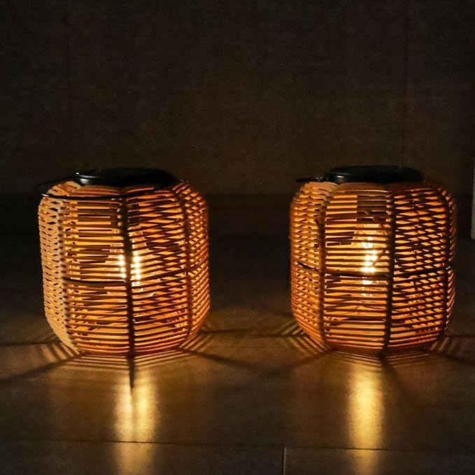 Hanging Solar Lanterns Outdoor Waterproof, 2 Pack Rattan Outdoor Lanterns, Outdoor Solar Hanging Lights, Lantern Lamp Decorations for Outside Yard Garden Pathway Porch Indoor Table Rattan Decor