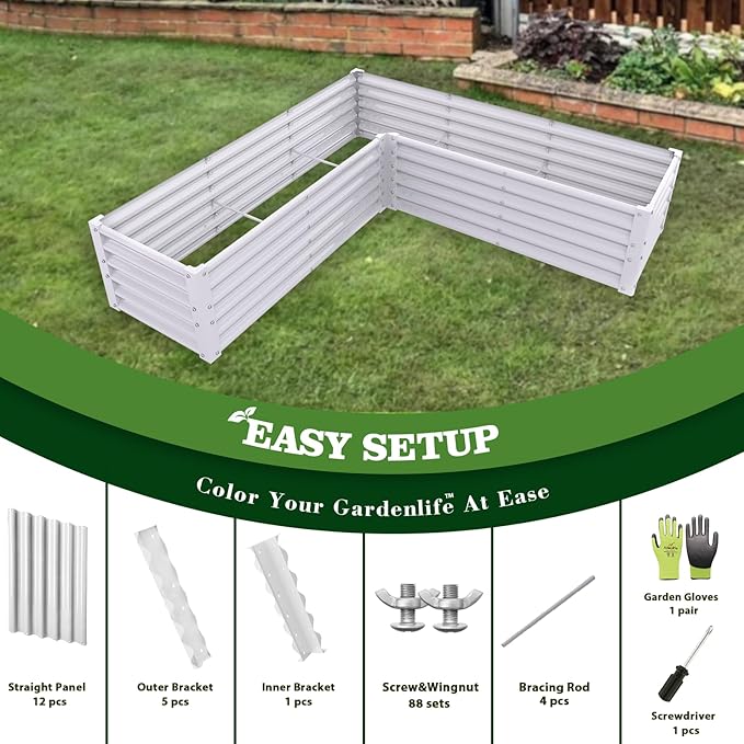 A ANLEOLIFE 4 Set L-Shaped Galvanized Raised Garden Beds Outdoor,74x74x18in Large Metal Planter Box for Planting Vegetables Flowers Herb, Anti-Rust & Easy-Setup, Antique White