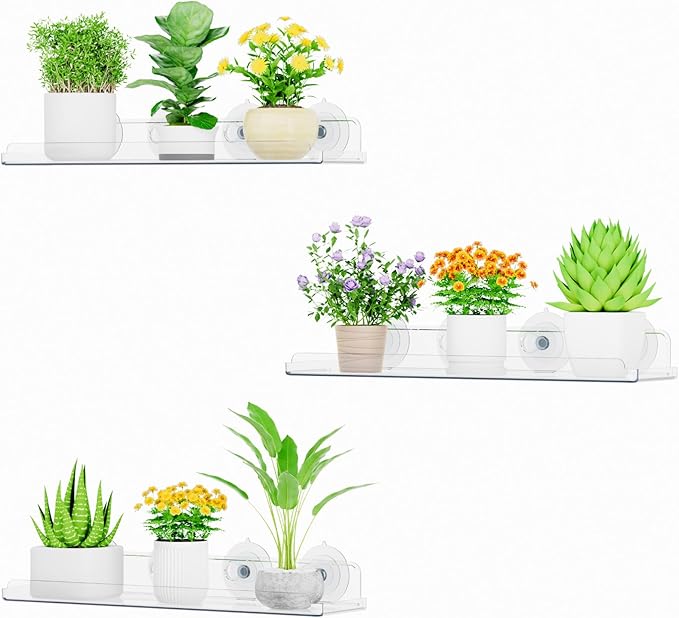Lifewit Window Plant Floating Shelves 15 x 4 inch, 3 Pack Acrylic Suction Cup Shelf, Window Sill Extender for Indoor Succulent Plants, Micro Greens, Seed Starter Pots, Herb Planters
