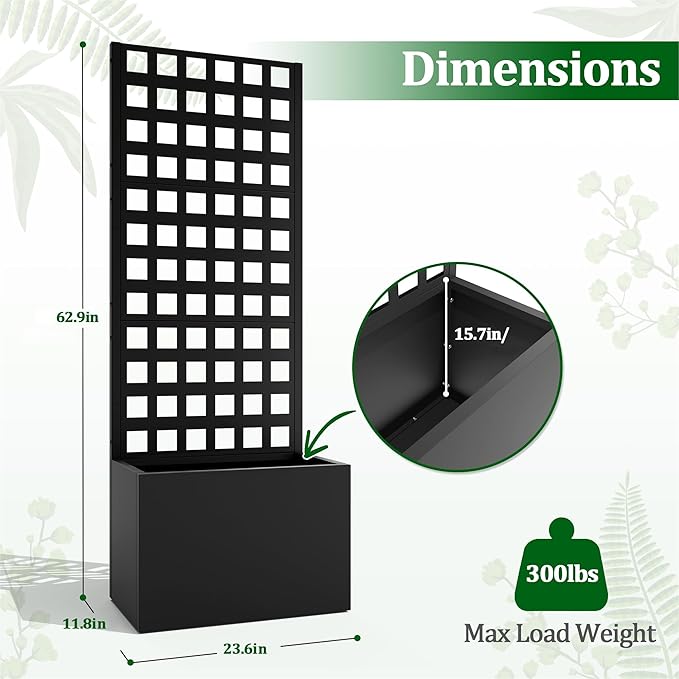 Metal Raised Garden Bed with Trellis, 2 in 1 Trellis with Planter Box & Privacy Screen for Climbing Plants, Vine, Outdoor Standing Flower Beds with Drainage Holes, 23.6" L x 11.8" W x 63" H, Black