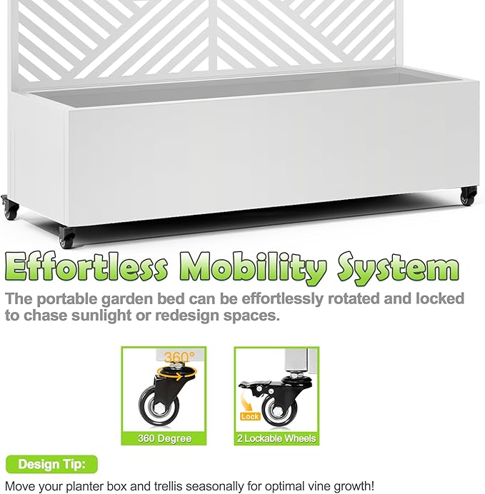 15.7"×70.9"×47.2" Metal Raised Garden Bed with Trellis and Wheels - Tall Trellis Planter Box for Climbing Plants, Vegetables & Vines - Outdoor Privacy Planters for Patio (White-Zodiac)